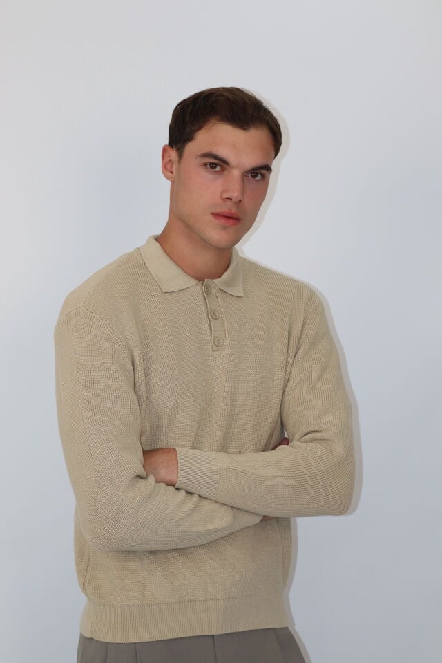 Polo Düğmeli Yaka Örgü Regular Fit Erkek Triko Kazak | VENTOV Bej - XL