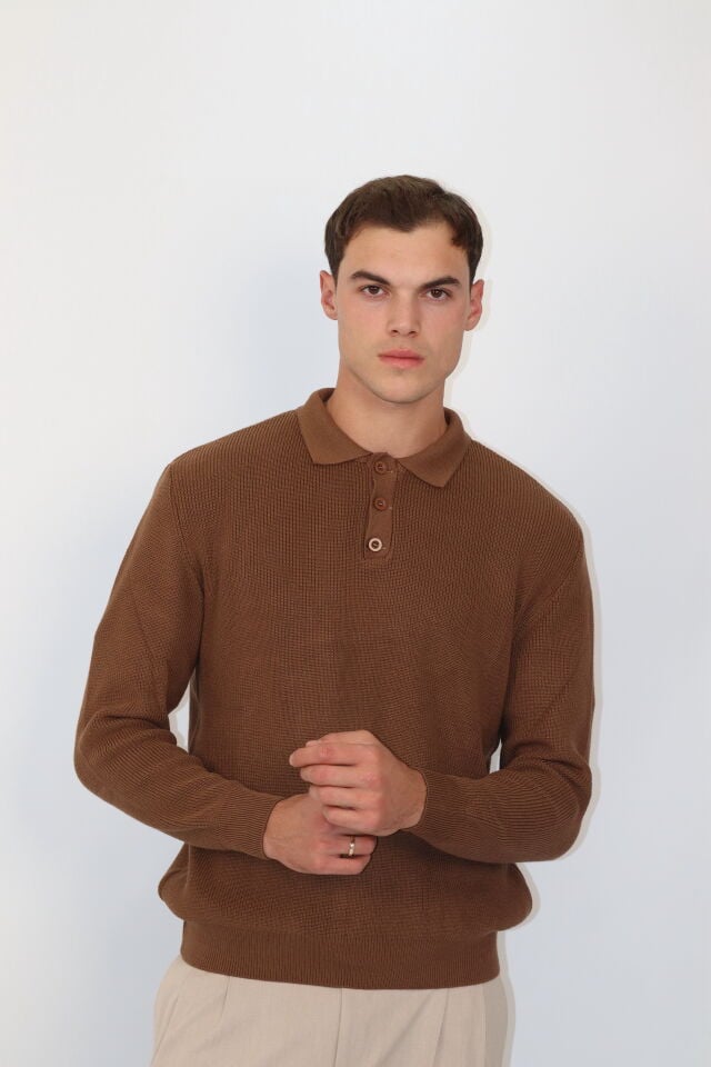 Polo Düğmeli Yaka Örgü Regular Fit Erkek Triko Kazak | VENTOV Kahverengi - XL