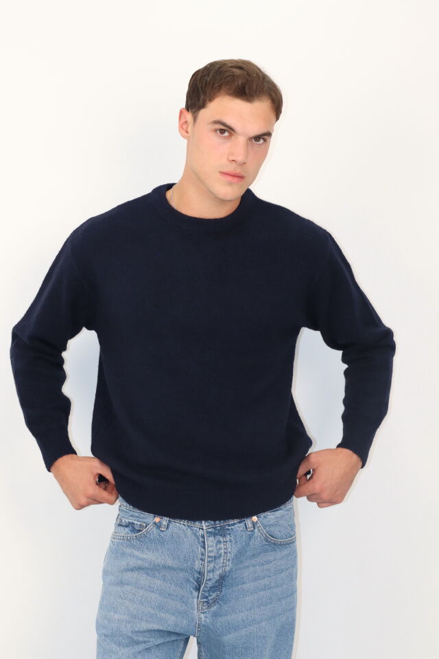Bisiklet Yaka Düz Örgü Regular Fit Erkek Triko Kazak | VENTOV Lacivert - XL