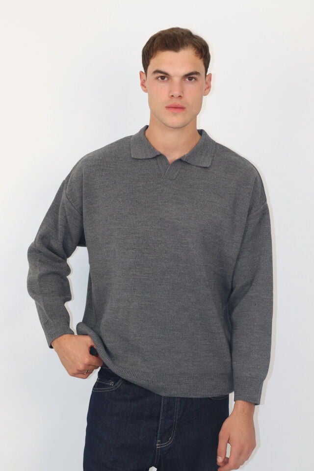 Polo V Yaka Örgü Regular Fit Erkek Triko Kazak | VENTOV Gri - S
