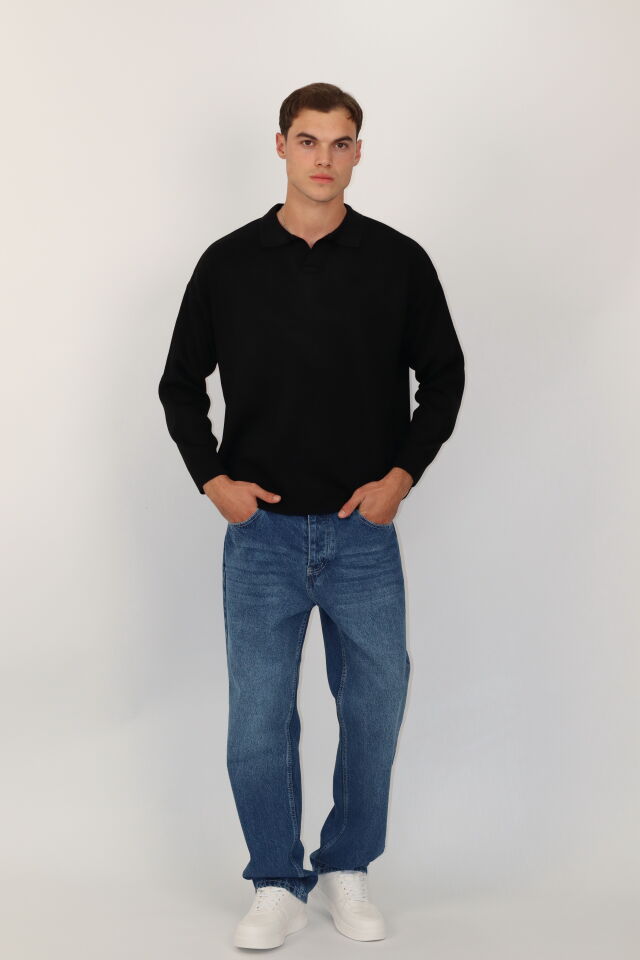 Polo V Yaka Örgü Regular Fit Erkek Triko Kazak | VENTOV Siyah - S