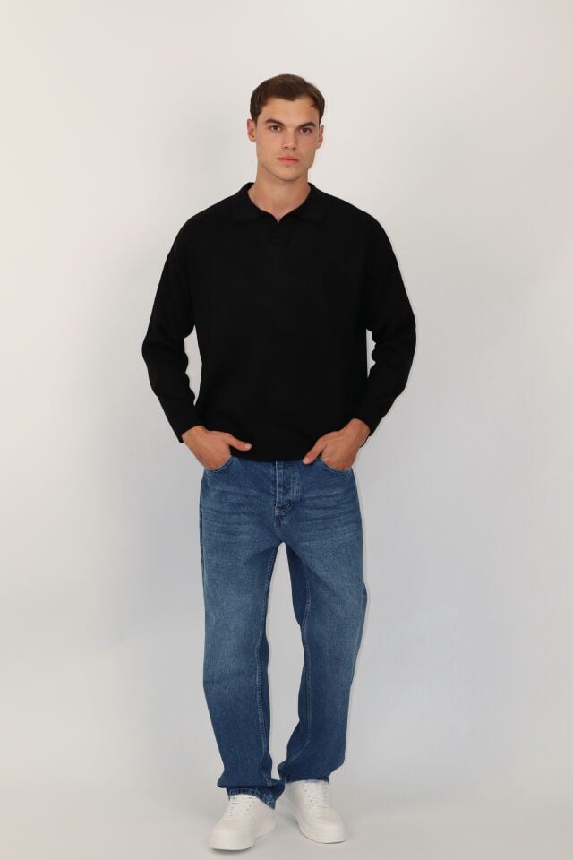 Polo V Yaka Örgü Regular Fit Erkek Triko Kazak | VENTOV Siyah - L