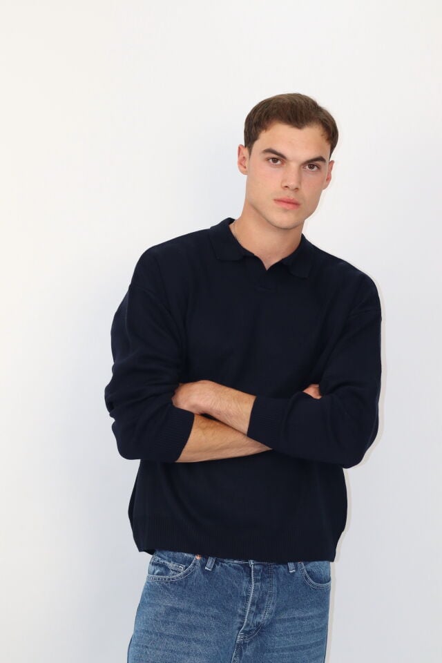 Polo V Yaka Örgü Regular Fit Erkek Triko Kazak | VENTOV Lacivert - XL