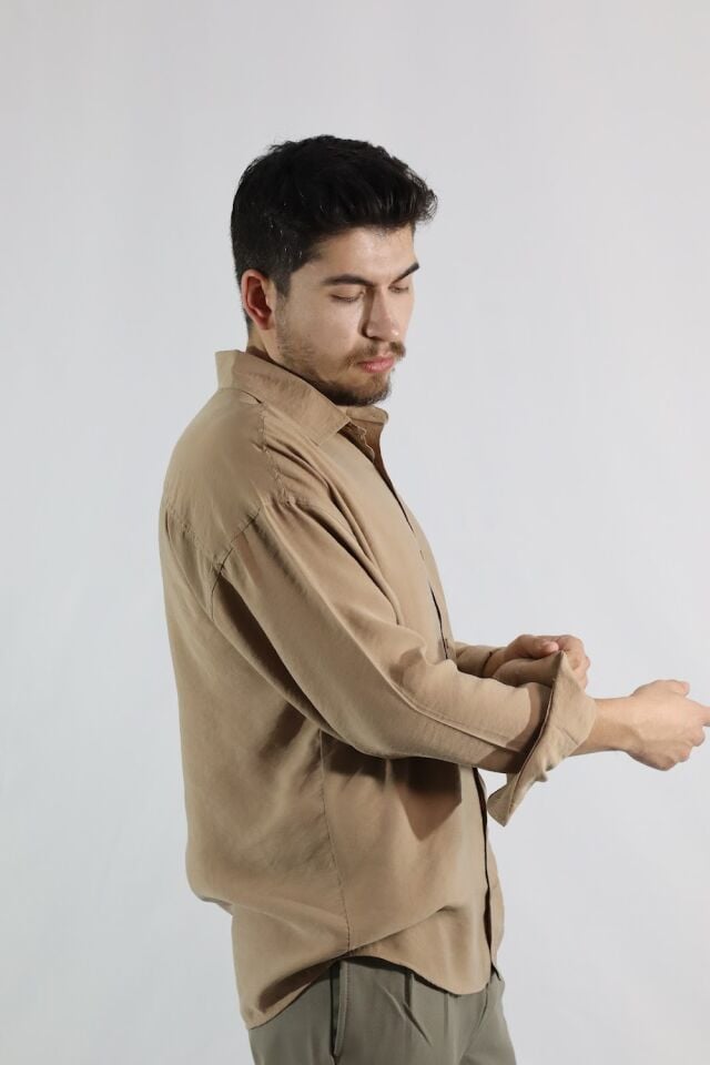 Dökümlü Relaxed Fit Erkek Gömlek | VENTOV Krem - XL