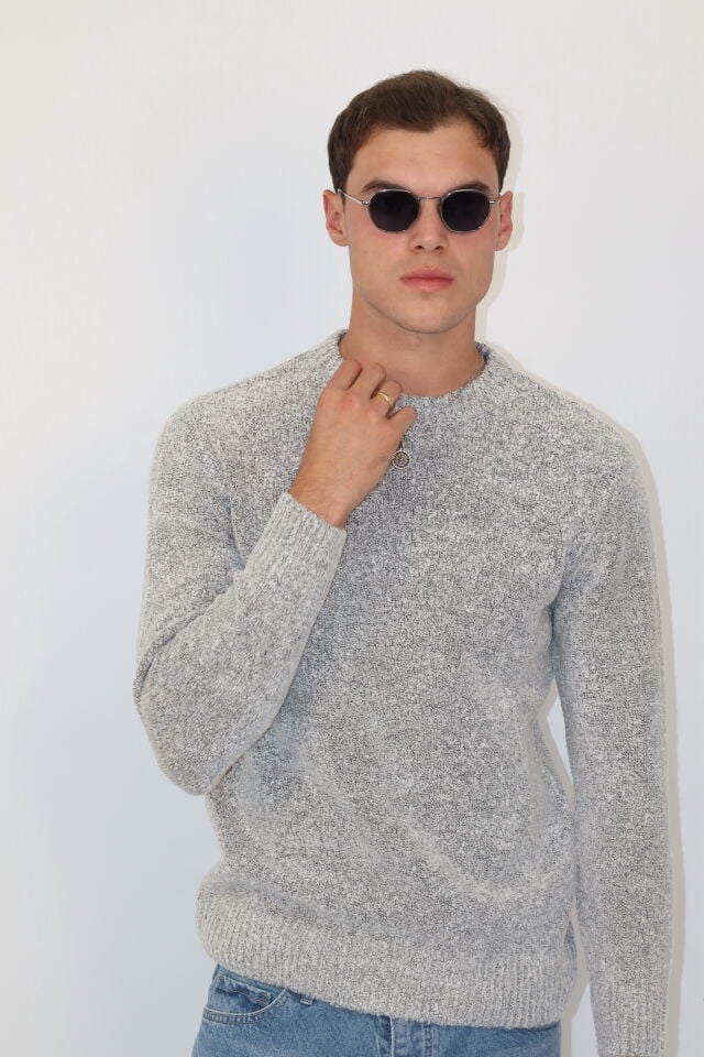 Bisiklet Yaka Dokulu Örgü Regular Fit Erkek Triko Kazak | VENTOV Gri - XL