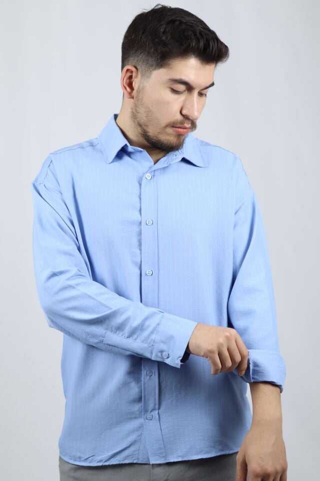 Çizgili Modal Tuşeli Oversize Erkek Gömlek | VENTOV Mavi - XXL