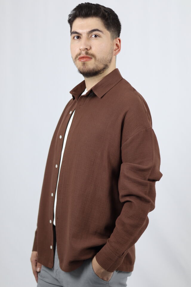 Keten Dokulu Relaxed Fit Erkek Gömlek | VENTOV Kahverengi - M
