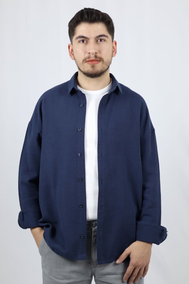 Keten Dokulu Relaxed Fit Erkek Gömlek | VENTOV Lacivert - XXL
