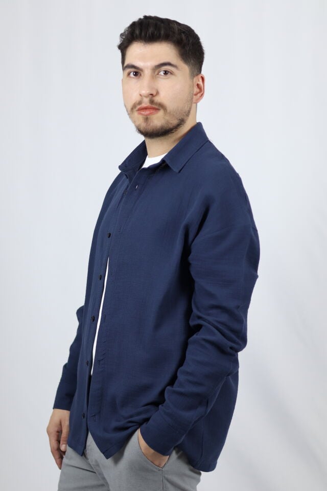 Keten Dokulu Relaxed Fit Erkek Gömlek | VENTOV Lacivert - XXL