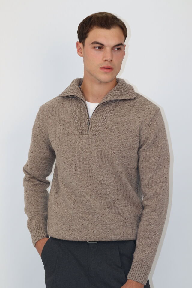 Zip Yaka Örgü Regular Fit Erkek Triko Kazak | VENTOV Vizon - XXL