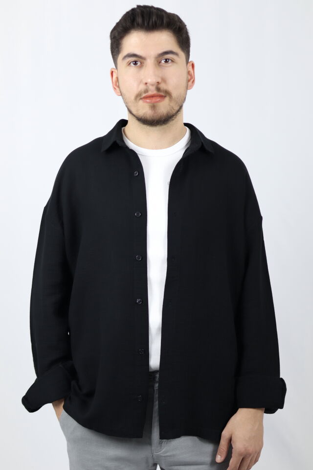 Keten Dokulu Relaxed Fit Erkek Gömlek | VENTOV Siyah - L