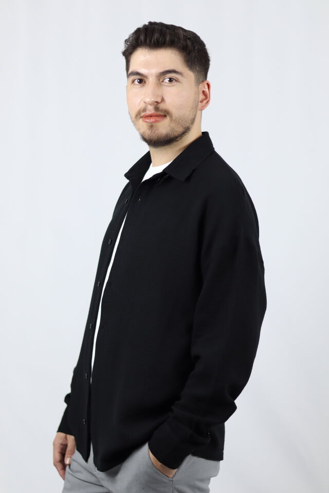 Keten Dokulu Relaxed Fit Erkek Gömlek | VENTOV Siyah - XXL
