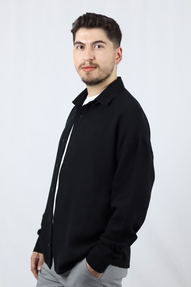 Keten Dokulu Relaxed Fit Erkek Gömlek | VENTOV Siyah - XXL