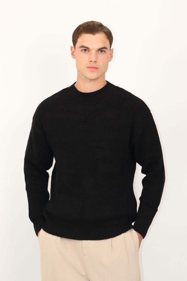 Bisiklet Yaka Selanik Örgü Relaxed Fit Erkek Triko Kazak | VENTOV Siyah - L