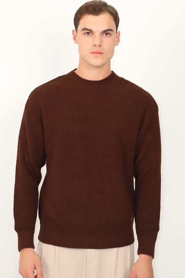 Bisiklet Yaka Selanik Örgü Relaxed Fit Erkek Triko Kazak | VENTOV Kahverengi - XL