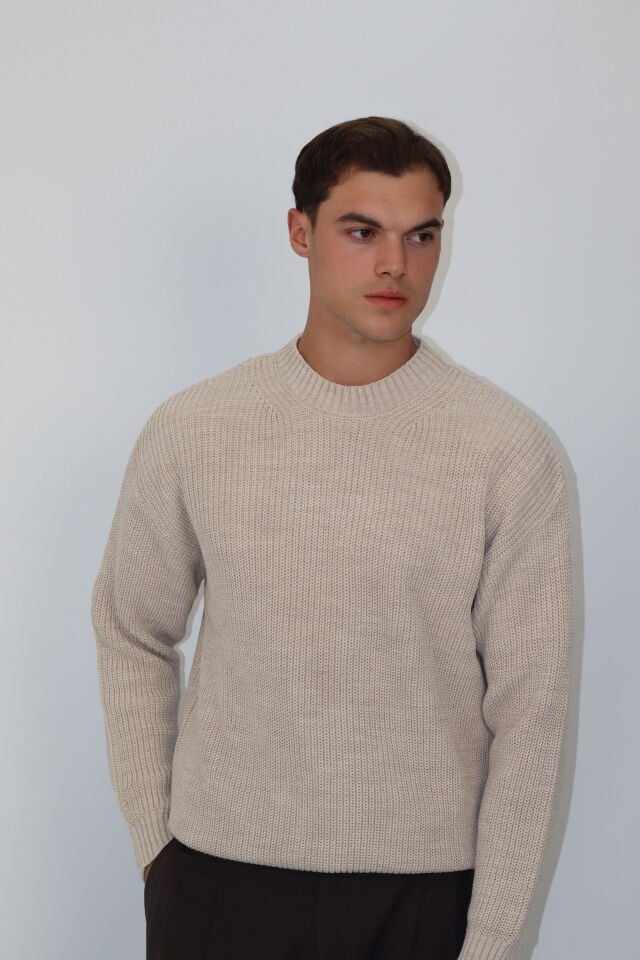 Bisiklet Yaka Selanik Örgü Relaxed Fit Erkek Triko Kazak | VENTOV Bej - XL