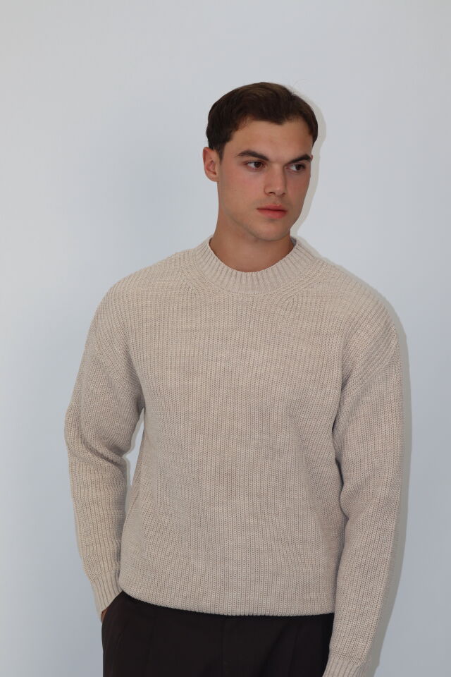 Bisiklet Yaka Selanik Örgü Relaxed Fit Erkek Triko Kazak | VENTOV Bej - XXL