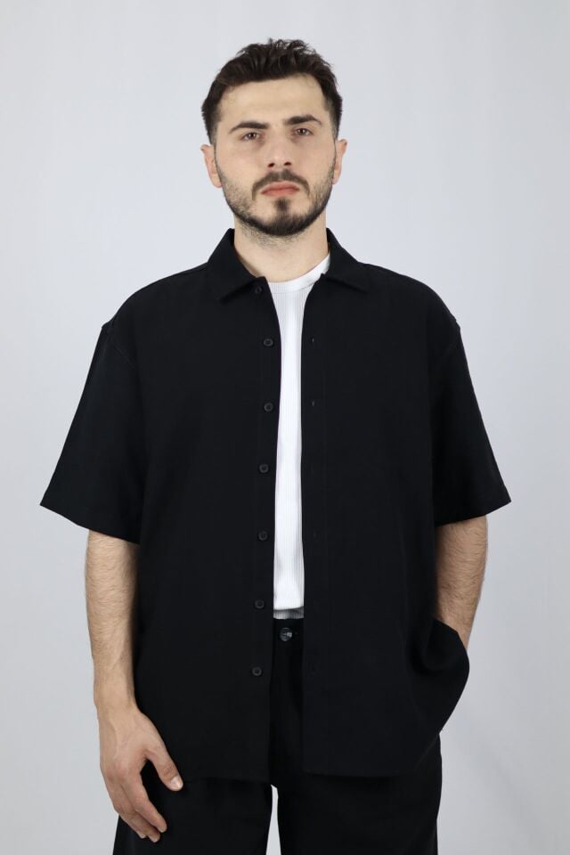 Viskon Karışımlı Dökümlü Relaxed Fit Kısa Kollu Erkek Gömlek | VENTOV Siyah - XL