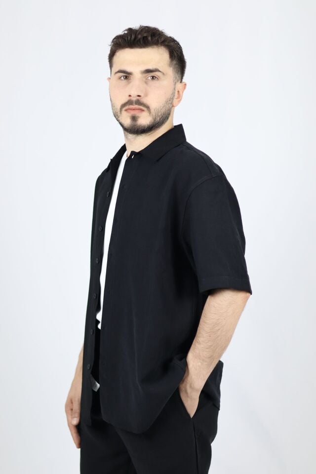 Viskon Karışımlı Dökümlü Relaxed Fit Kısa Kollu Erkek Gömlek | VENTOV Siyah - XL