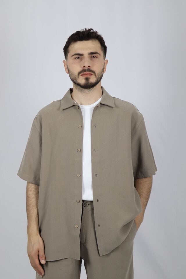 Viskon Karışımlı Dökümlü Relaxed Fit Kısa Kollu Erkek Gömlek | VENTOV Vizon - XL
