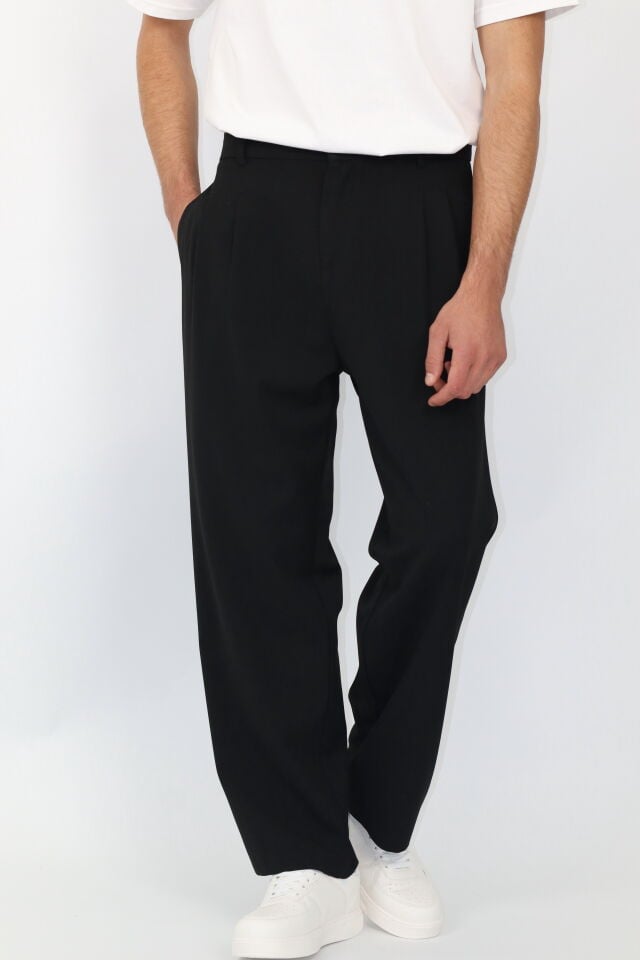 Viskon Karışımlı Çift Pileli Baggy Fit Erkek Kumaş Pantolon | VENTOV Siyah - XL