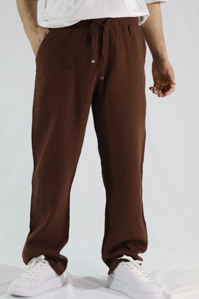 Keten Dokulu Relaxed Fit Erkek Pantolon | VENTOV Kahverengi - M
