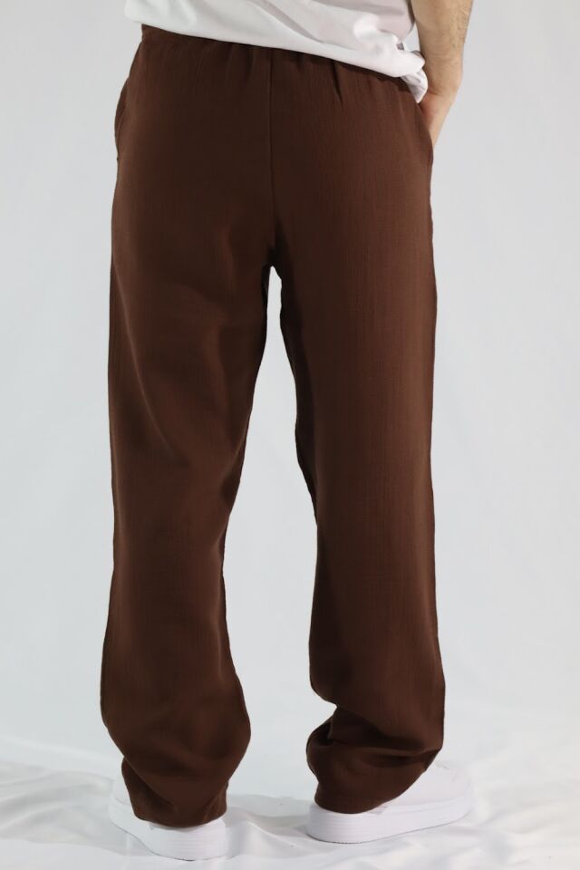 Keten Dokulu Relaxed Fit Erkek Pantolon | VENTOV Kahverengi - XL