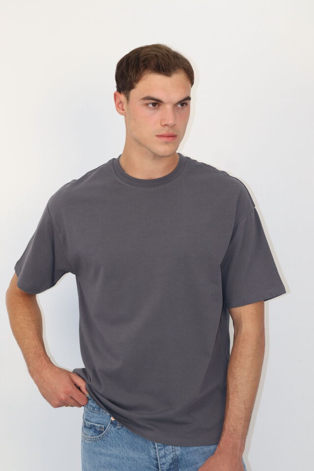 %100 Pamuk Oversize Bisiklet Yaka Erkek Tişört | VENTOV Füme - XL