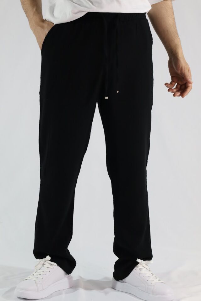 Keten Dokulu Relaxed Fit Erkek Pantolon | VENTOV Siyah - XXL
