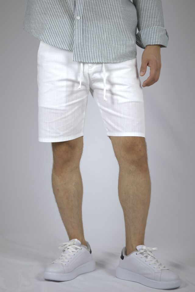 Dokulu Pamuklu Regular Fit Erkek Bermuda Şort | VENTOV Beyaz - 34