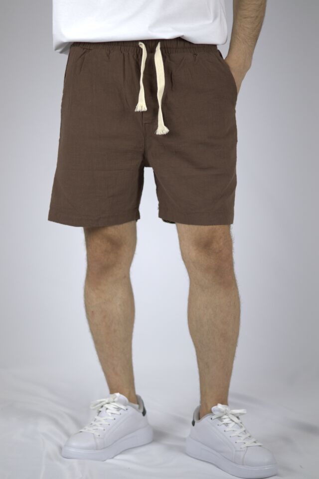 Dokulu Keten Relaxed Fit Erkek Şort | VENTOV Kahverengi - XL