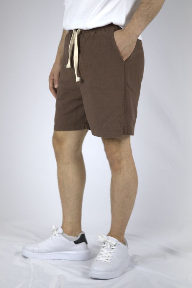 Dokulu Keten Relaxed Fit Erkek Şort | VENTOV Kahverengi - XXL