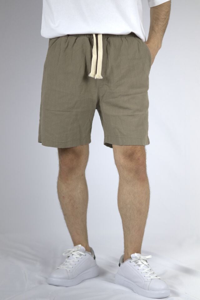 Dokulu Keten Relaxed Fit Erkek Şort | VENTOV Haki - L
