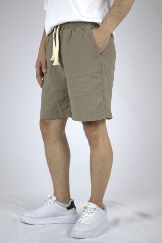 Dokulu Keten Relaxed Fit Erkek Şort | VENTOV Haki - XL