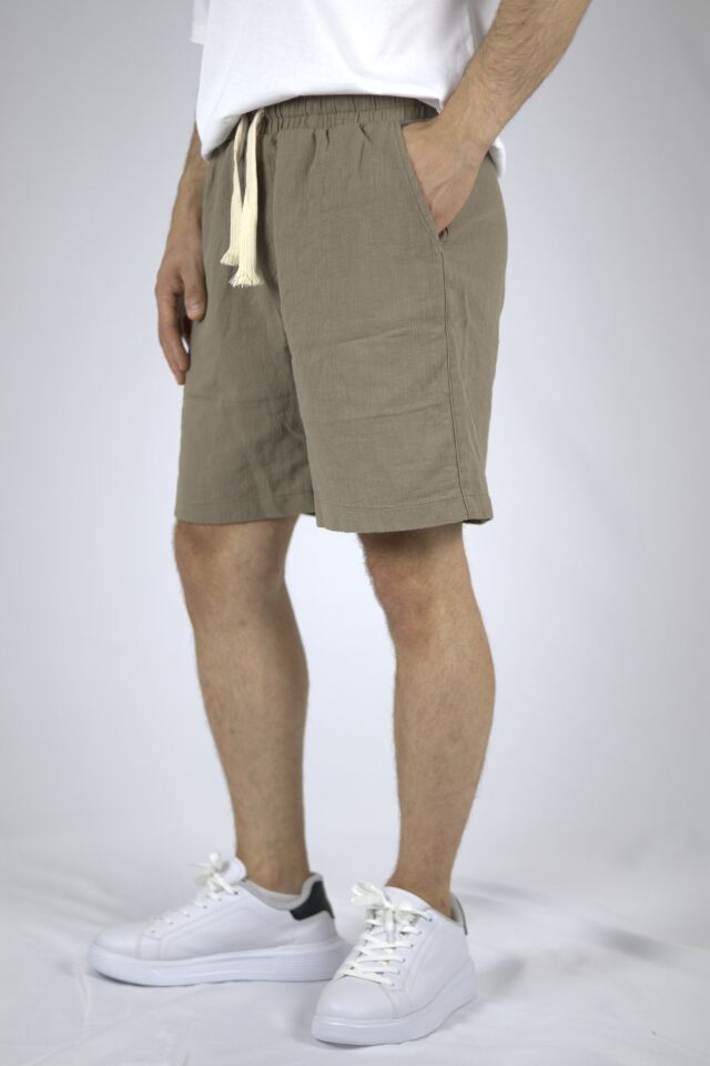 Dokulu Keten Relaxed Fit Erkek Şort | VENTOV Haki - XL