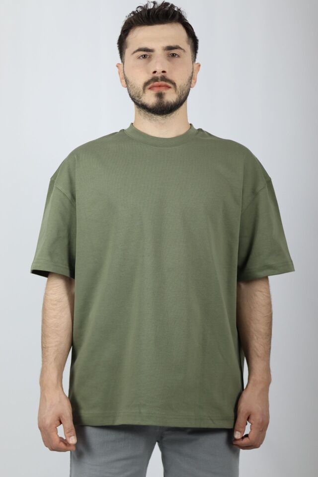 %100 Pamuk Premium Oversize Bisiklet Yaka Erkek Tişört | VENTOV Haki - L