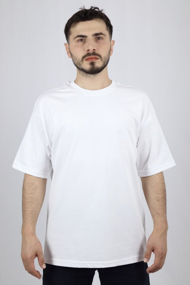 %100 Pamuk Oversize Bisiklet Yaka Erkek Tişört | VENTOV Beyaz - S