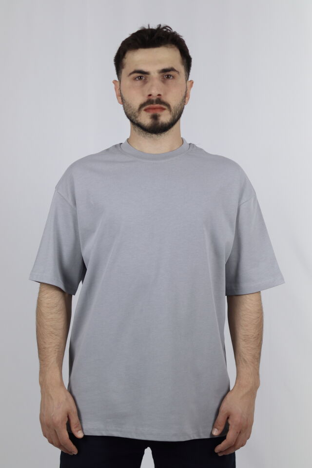 %100 Pamuk Oversize Bisiklet Yaka Erkek Tişört | VENTOV Gri - XL