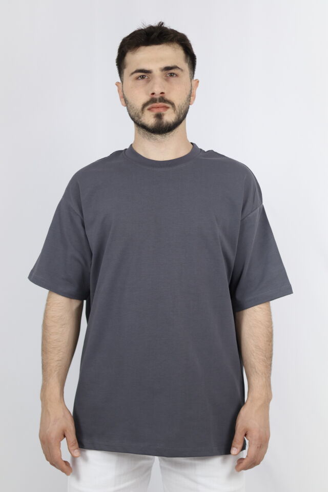%100 Pamuk Oversize Bisiklet Yaka Erkek Tişört | VENTOV Füme - XL