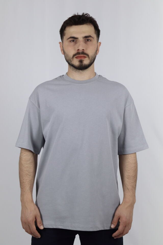 %100 Pamuk Oversize Bisiklet Yaka Erkek Tişört | VENTOV Gri - XXL
