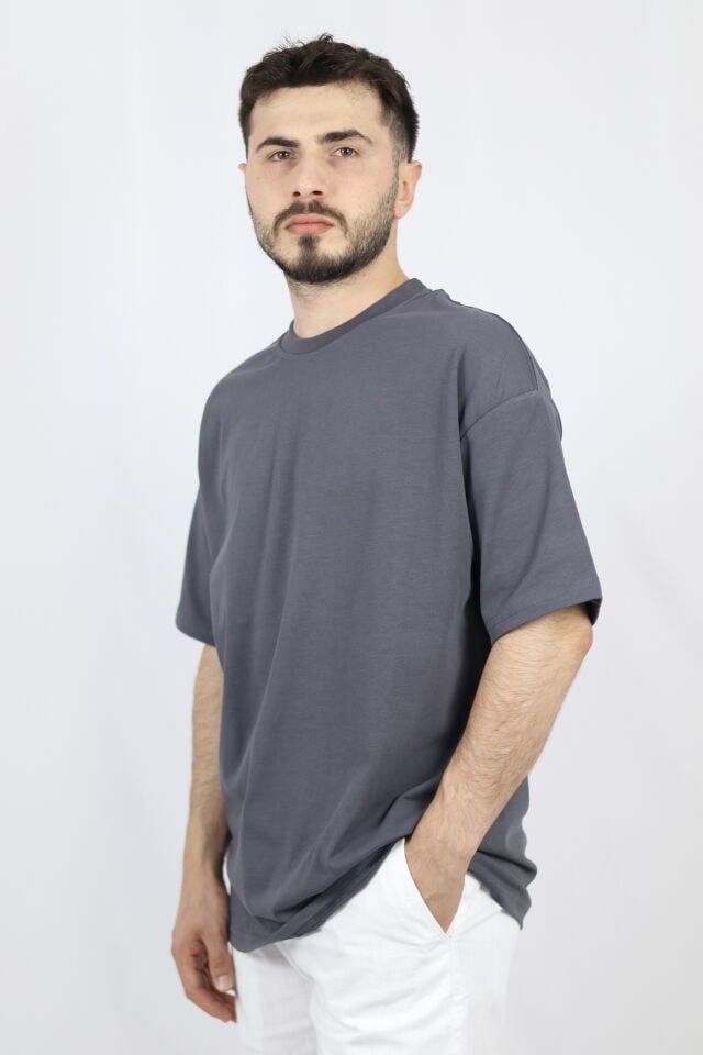 %100 Pamuk Oversize Bisiklet Yaka Erkek Tişört | VENTOV Füme - XXL