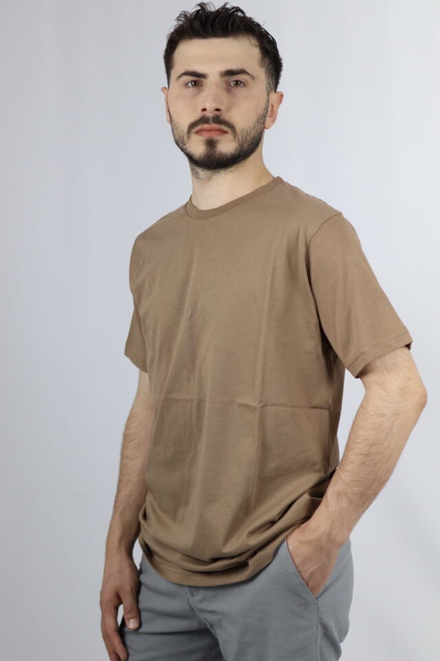 %100 Pamuk Regular Fit Bisiklet Yaka Erkek Tişört | VENTOV Kahverengi - S