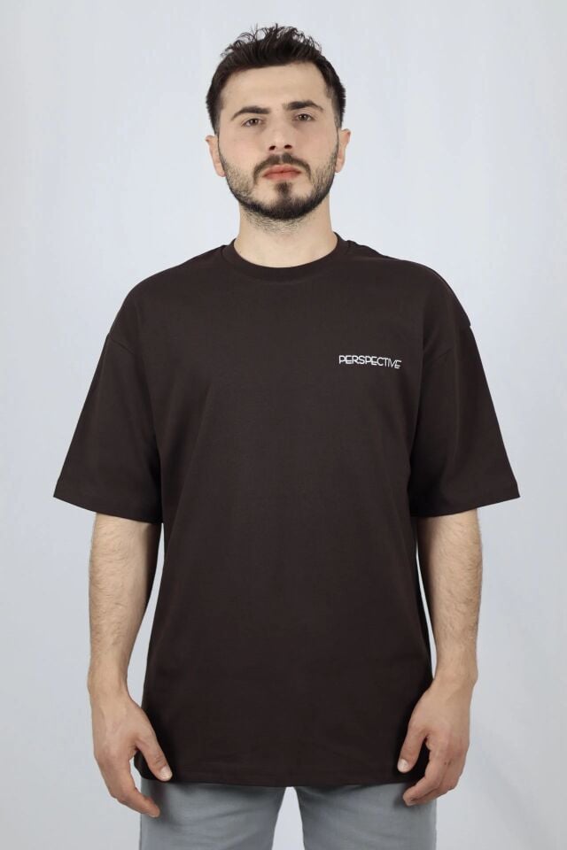 Perspective %100 Pamuk Oversize Bisiklet Yaka Tasarım Tişört | VENTOV XXL - Kahverengi